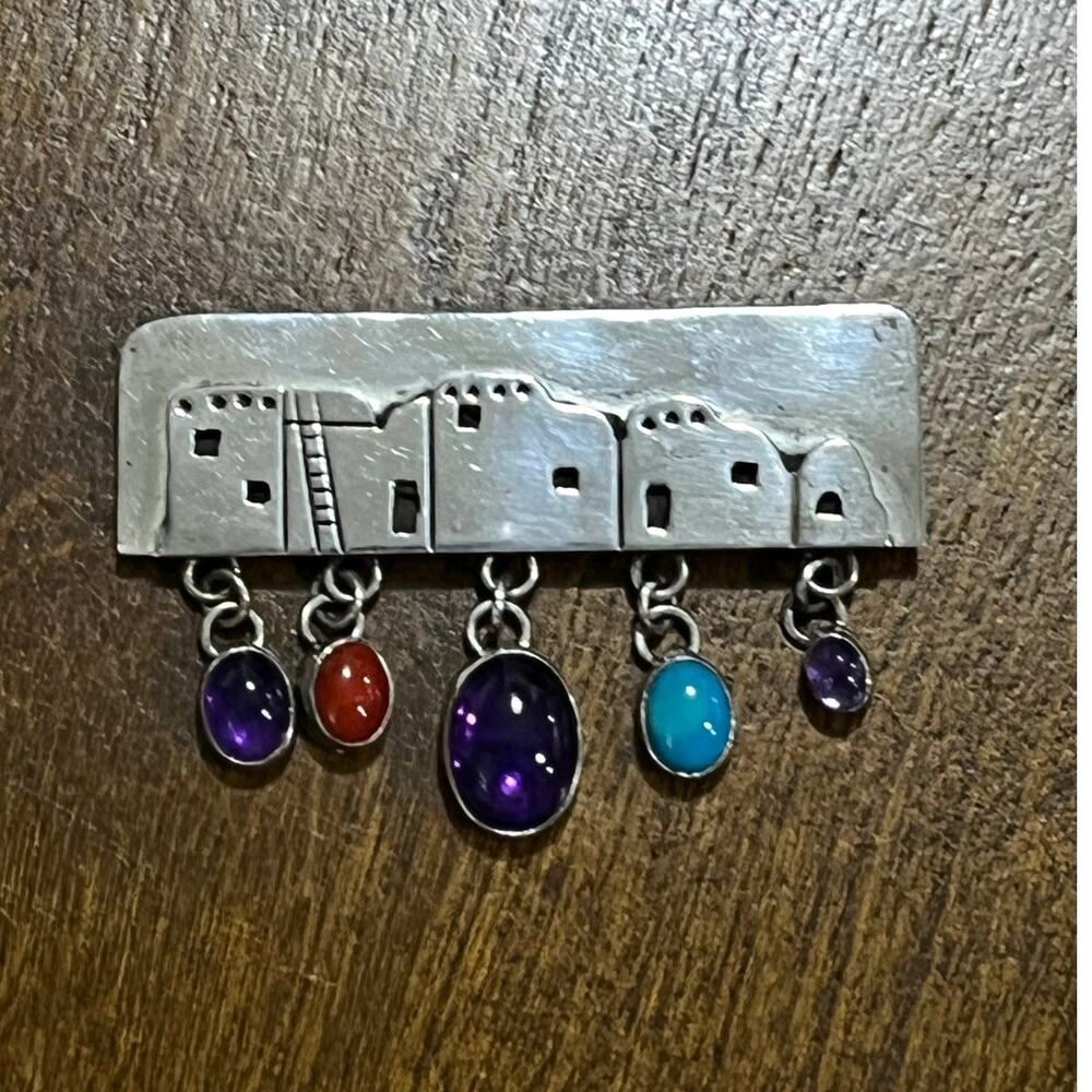 Nakai 1980's Gemstone Sterling Pueblo Brooch 16.9 g